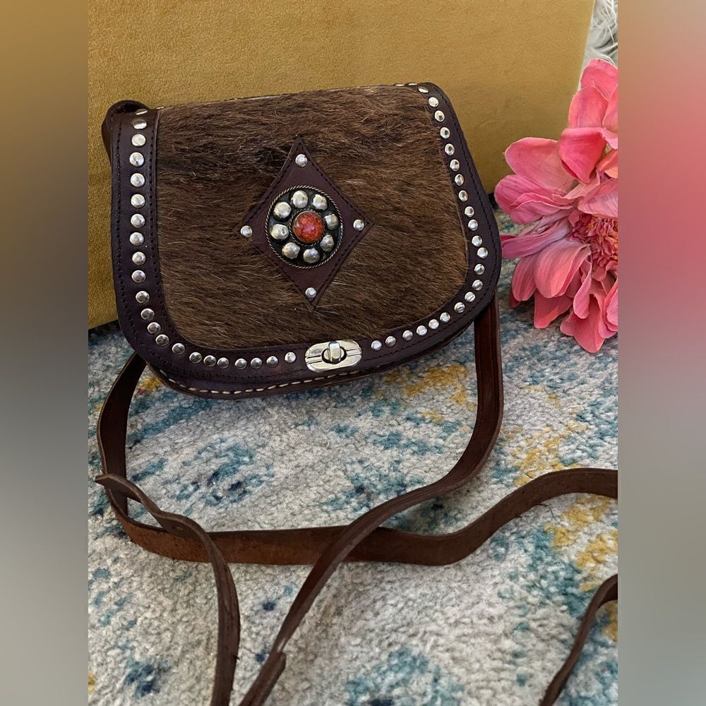 Leather crossbody purse trimmed with horsehair & silver studs